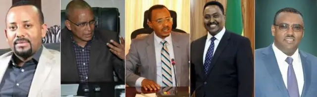 A composite image of Abiy Ahmed, Debretsion Gebremichael, Lema Mergessa, Workneh Gebeyehu and Demeke Mekonnen.