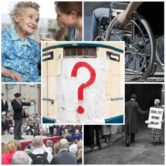 Photos representing portfolio questions: communities, social security and equalities