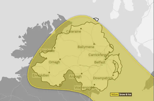 Met Office map showing yellow warning across NI