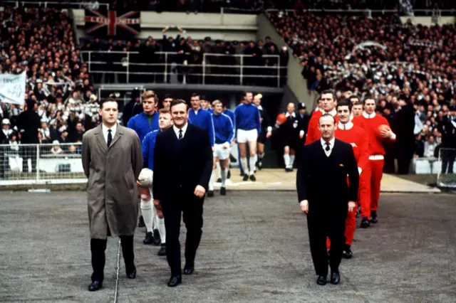 Don Revie and Bertie Mee lead out the teams for the 1968 League Cup final