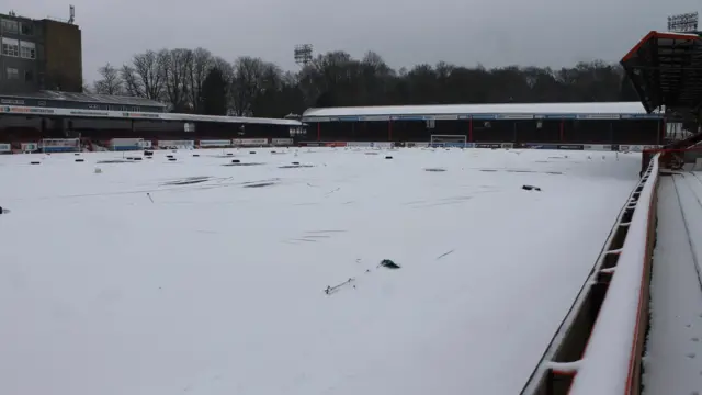 Aldershot's EBB Stadium in the snow