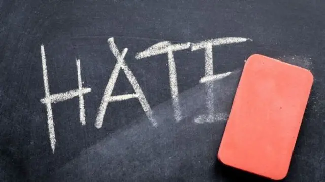 The word hate written in chalk on a board