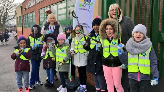 Children and teachers from Alderman Richard Hallam Primary School in Leicester