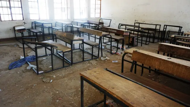 A picture taken on February 28, 2018 at the Government Girls Technical College at Dapchi town in northern Nigerian, shows a classroom deserted by fleeing students after Boko Haram Islamists kidnapped 110 school girls.