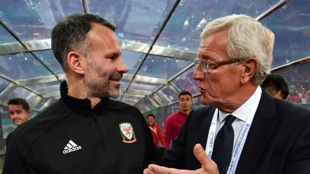 Wales manager Ryan Giggs and China manager Marcello Lippi