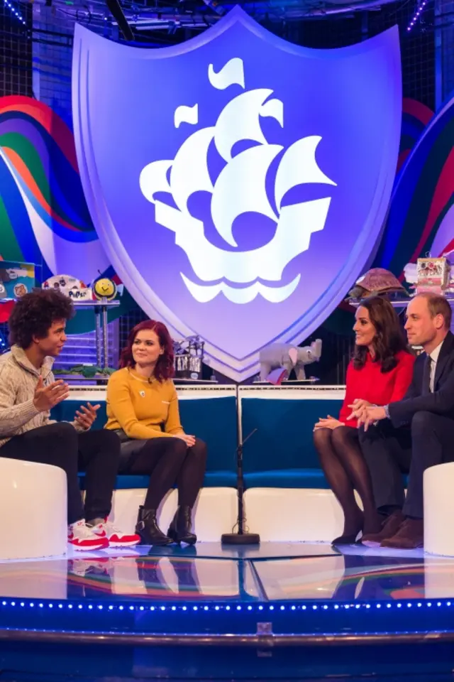 Lindsey Russell with Radzi and royal guests on Blue Peter
