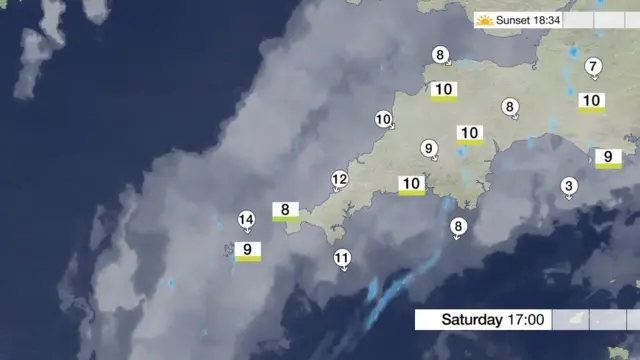 Weather map for Devon, Cornwall and the Isles of Scilly, 24 March