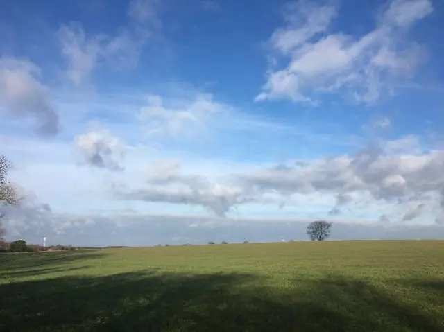 Blue skies over fields in Leven