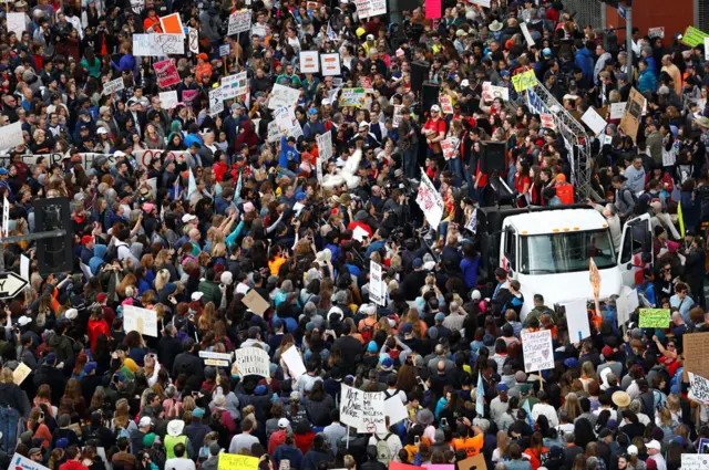 A high school choir began the start of the protests in downtown Los Angeles