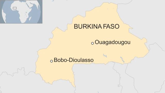 A map showing the location of Bobo-Dioulasso.in relation to Burkina Faso's capital, Ouagadougou.