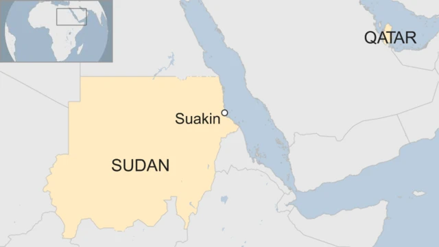 A map showing the location of Suakin in Sudan in relation to Qatar