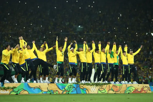 Brazil celebrate winning gold after beating Germany at the Rio Olympics in 2016