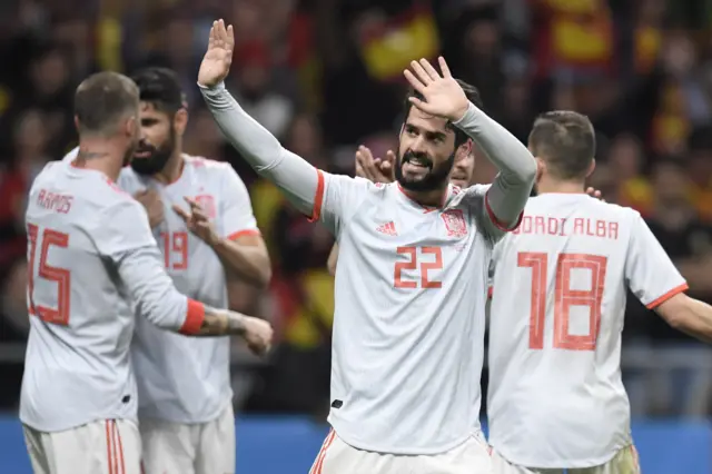 Isco celebrates giving Spain a 2-0 lead against Argentina