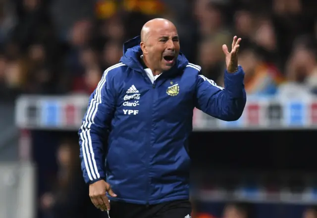 Argentina boss Sampaoli frets during his side's defeat against Spain