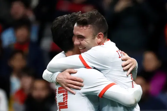 Iago Aspas celebrates his goal for Spain against Argentina