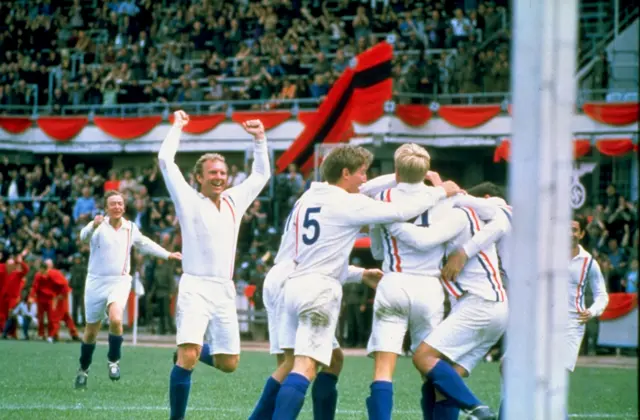 The Allies celebrate a goal in Escape to Victory