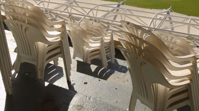 Plastic chairs await being put out prior to the start of the Indian Premier League at Newlands Cricket Ground on April 15, 2009 in Cape Town, South Africa.