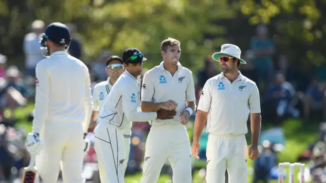 Tim Southee celebrates the wicket of James Vince