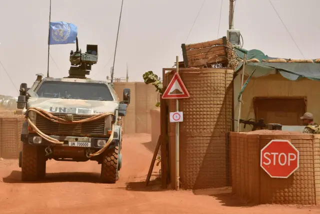 A Dingo tank of the Bundeswehr, the German armed forces, enters Camp Castor after returning from a trainings mission on March 6, 2017 in Gao, Mali