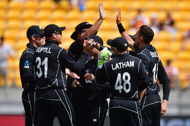 New Zealand celebrate the dismissal of Jason Roy