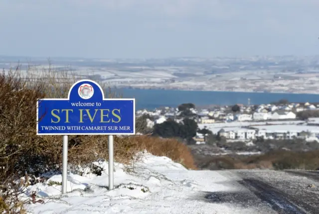 Snow drifts in fields near St Ives, Cornwall