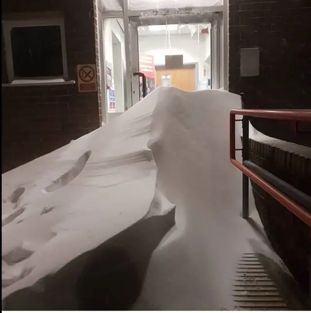 Snow covering the door at Blaenavon fire station