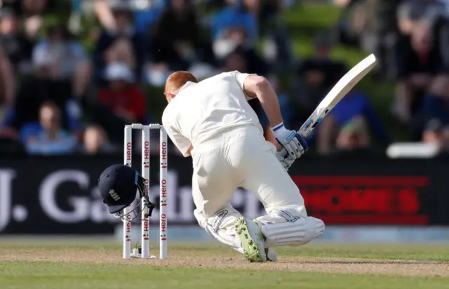 Jonny Bairstow is hit on the helmet