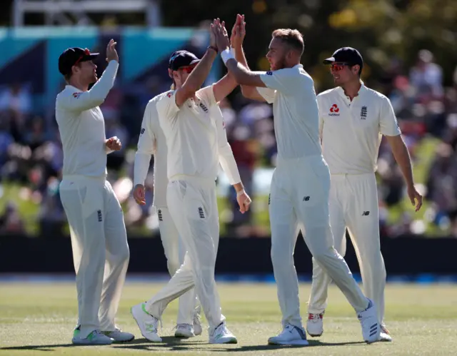 Stuart Broad celebrates after dismissing Tom Latham