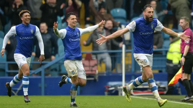 Sheffield Wednesday's players celebrate that goalscoring feeling against Preston North End