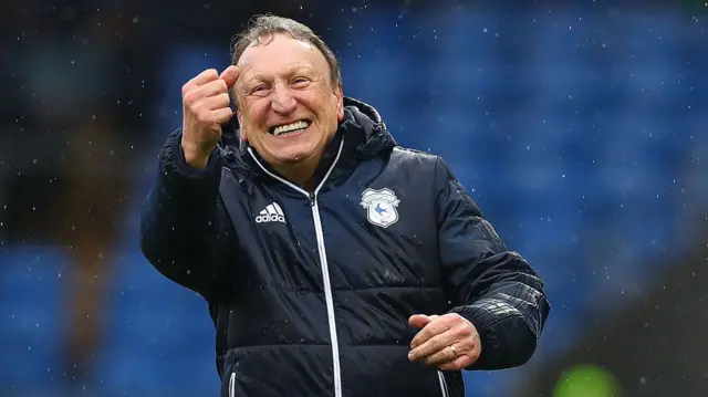 Cardiff City manager Neil Warnock celebrates victory over Burton Albion