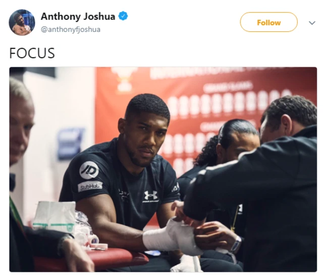 Tweet showing a picture of Anthony Joshua and the caption "focus"