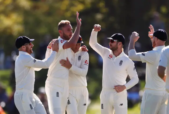 Stuart Broad is congratulated