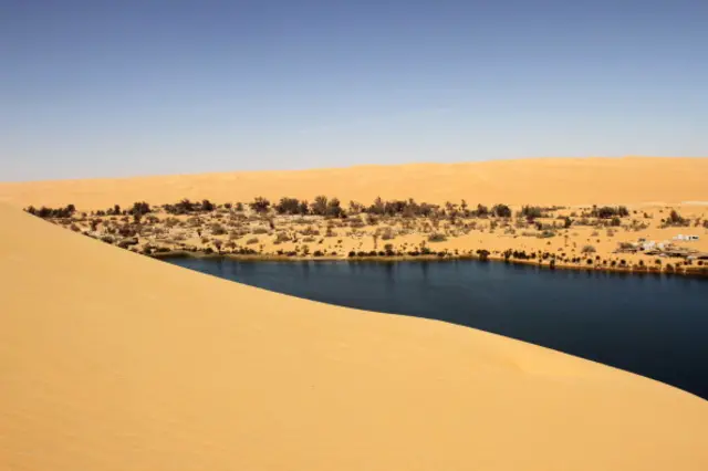 A general view of Lake Gaberoun, a salty water oasis in the Wadi al-Hayaa and Sabha district, in southern Libya.