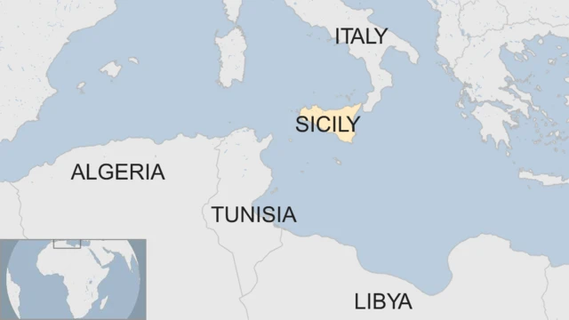 A map showing the location of Sicily in relation to North African countries and Italy