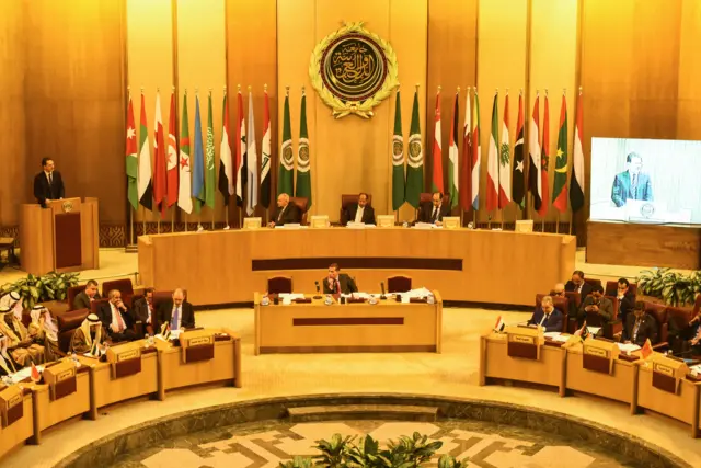 A picture taken on February 1, 2018 shows Arab Foreign Ministers meeting at the Arab League headquarters in the Egyptian capital Cairo during an extraordinary session to discuss their stance on Jerusalem and the US decision to relocate its embassy to the holy city