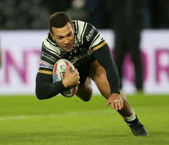 Hull FC Carlos Tuimavave scores his sides second try of the game during the Betfred Super League match at the KCOM Stadium, Hull.