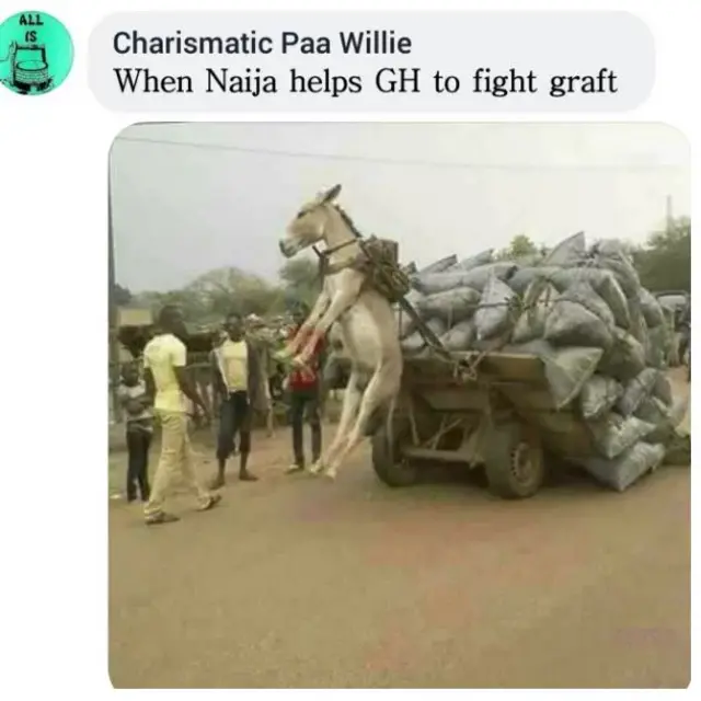 A meme showing an image of a donkey thrust into the air by its heavy load with the caption "When Naija helps Ghana to fight graft".