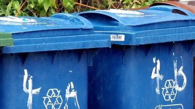 Blue recycling bins.