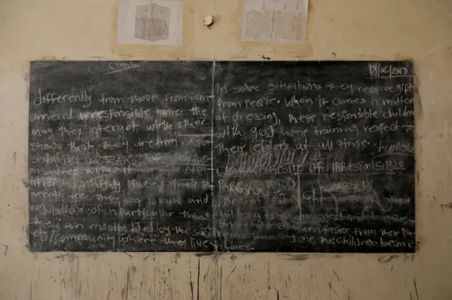 Notes written on a blackboard during a class on February 18, 2018 at the Government Girls Science and Technical College in Dapchi, the northeastern state of Yobe, Nigeria, February 27, 2018