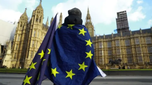 Person wrapped in EU flag outside Westminster Parliament