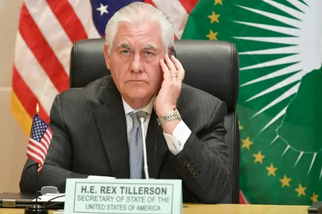 US Secretary of State Rex Tillerson listens to a question from a journalist during a joint press conference with Chairperson of the African Union (AU) Commission on March 08, 2018 at the AU headquarters in Addis Ababa