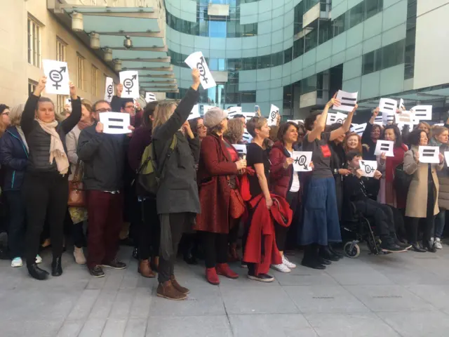 BBC staff protesting the pay gap outside New Broadcasting House, London