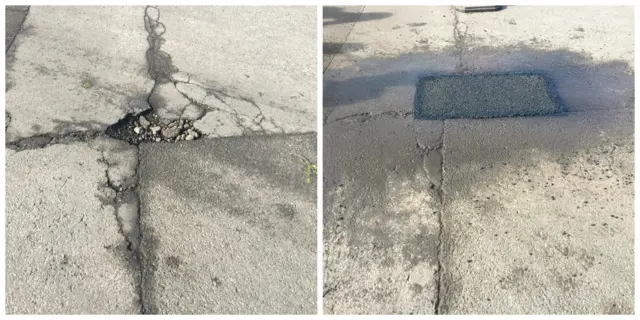 Pothole before and after it has been repaired