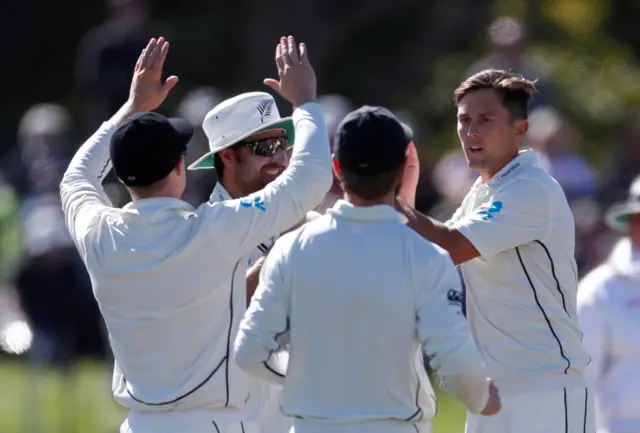 Trent Boult celebrates after dismissing Alastair Cook