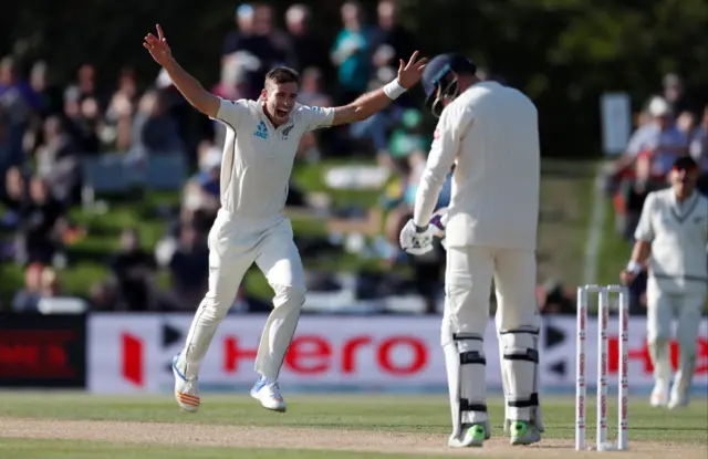 Tim Southee appeals for the wicket of James Vince