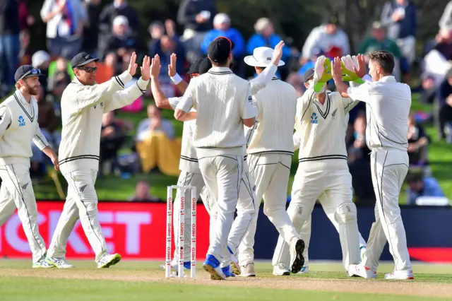 New Zealand celebrate the wicket of James Vince