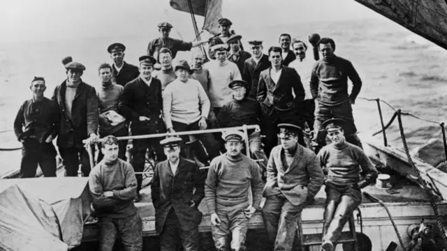 Sir Ernest Shackleton (centre) with his crew onboard Endurance