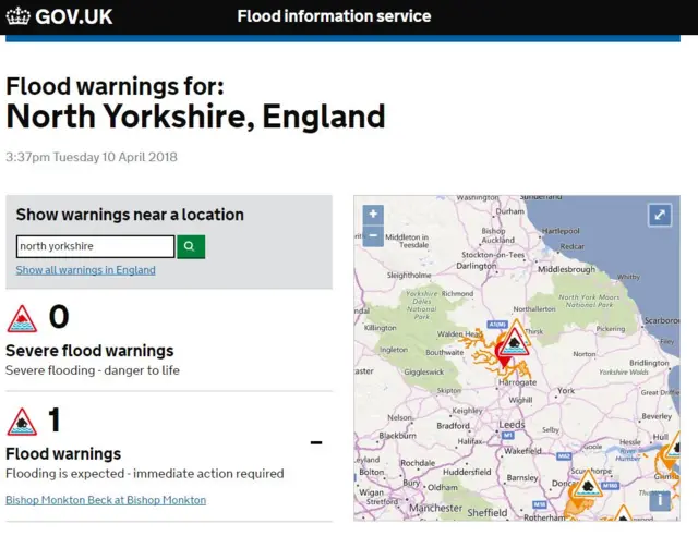 Environment Agency website showing flood warnings