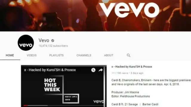 Vevo's YouTube page features one of the affected videos at its top