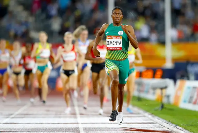 Caster Semenya on her way to winning gold in the Women"s 1500m Final at the Carrara Stadium during day six of the 2018 Commonwealth Games in the Gold Coast, Australia